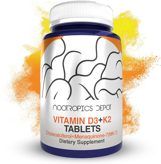 Nootropics Depot Vitamin D3 + K2 with Vitamin C Tablets | 365 Count | 125μg | Equivalent to 5000 IU | Year Supply