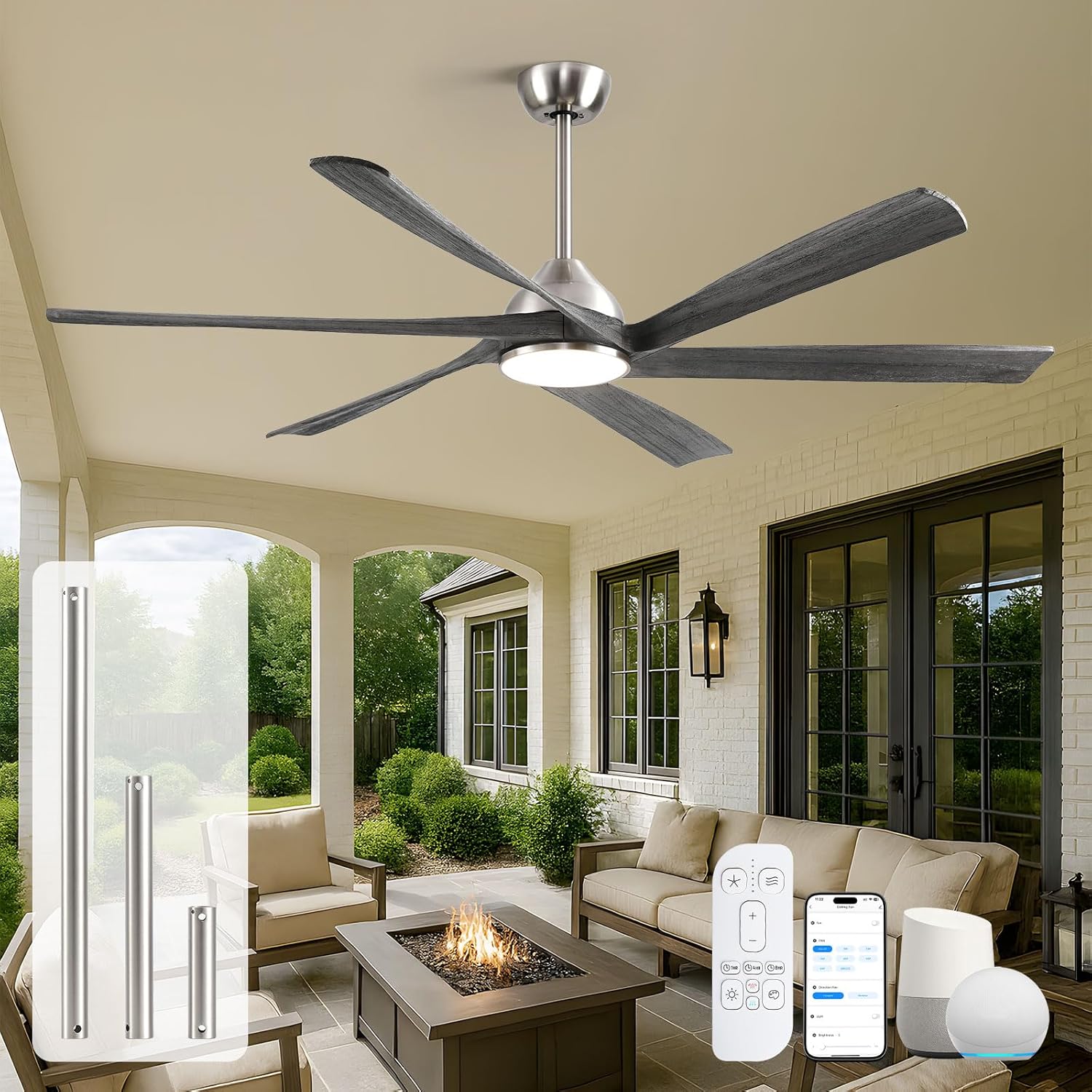 60'' Wood Outdoor Ceiling Fans for Patios with Lights, Modern Farmhouse Smart Ceiling Fan with Remote Alexa Control, 6 Reversible Blades 6 Speeds Quiet Fan for Living Room Bedroom Kitchen