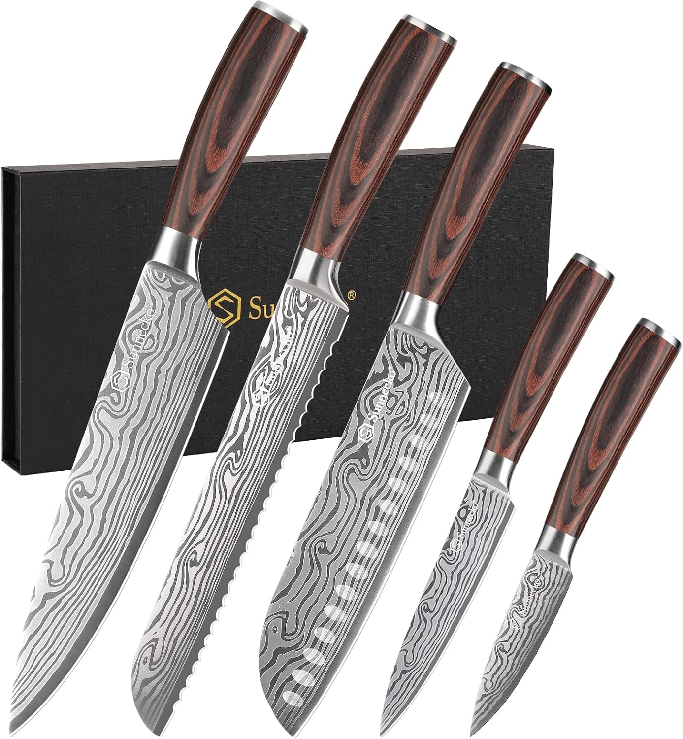 Sunnecko Kitchen Knife Set 5 Piece Chef Knife Set Professional High Carbon Stainless Steel, Sharp Kitchen Knives with Wooden Handle