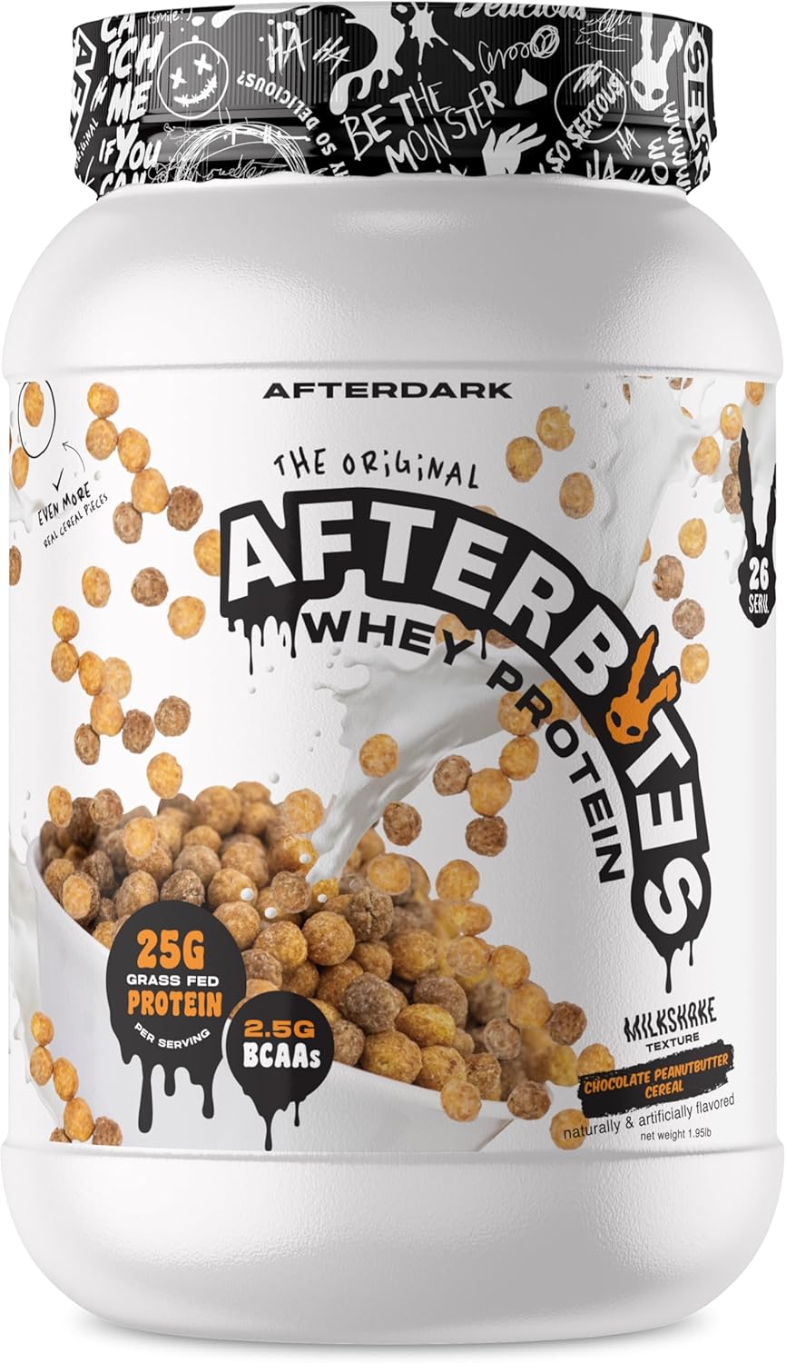AFTERDARK AfterBites Whey Protein Powder, 25g Protein, 4.5g BCAA\u2019s, Easy Dissolving, No Artificial Colors or Fillers, Isolate Protein, USA Made, 26 Servings, Chocolate Peanut Butter Cereal