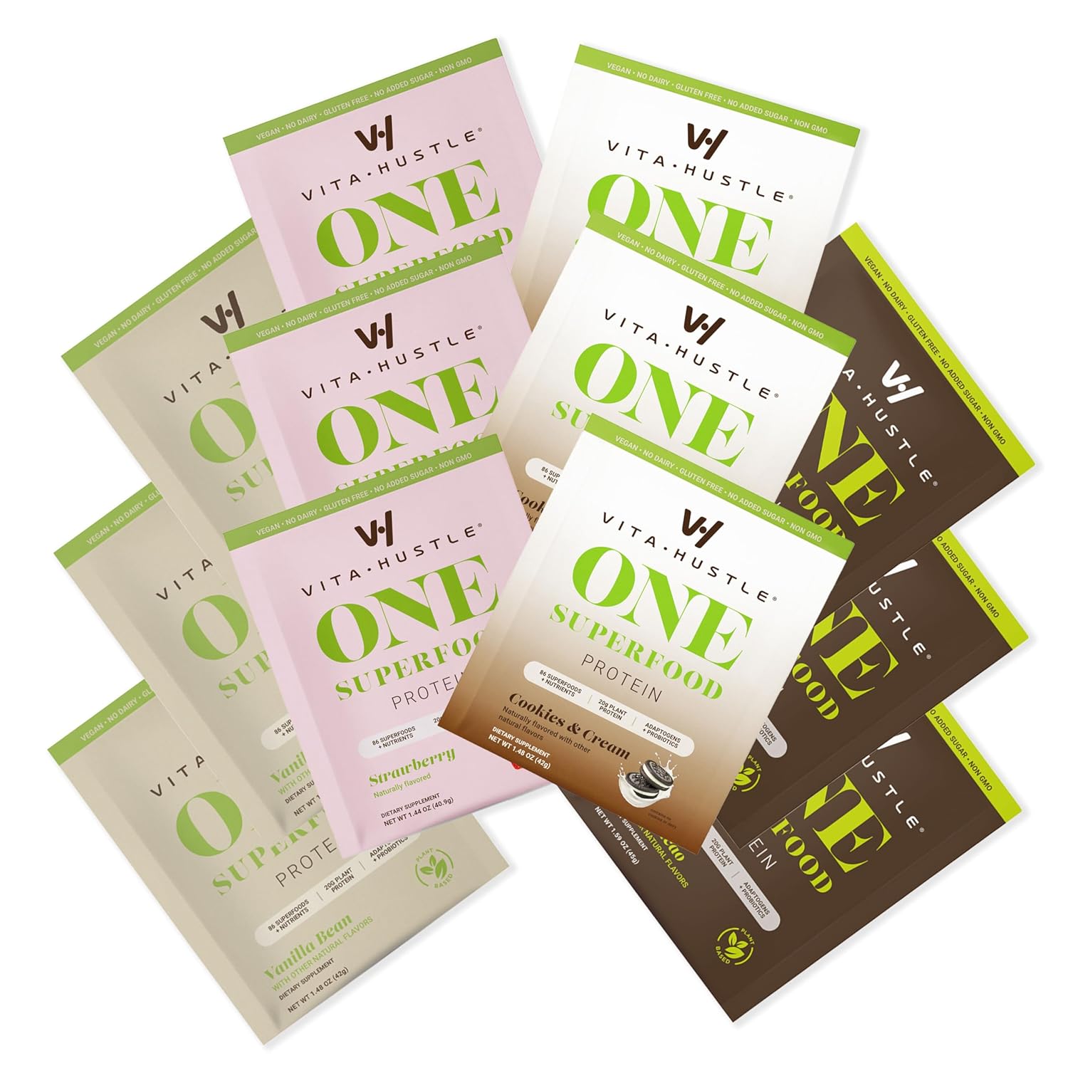 VitaHustle ONE Superfood Protein All-in-One Nutrition, 20g Plant Protein, Meal Replacement, 86 Superfood Nutrients - Vanilla Bean, Strawberry, Cookies & Cream, Chocolate Cacao (12 Servings)