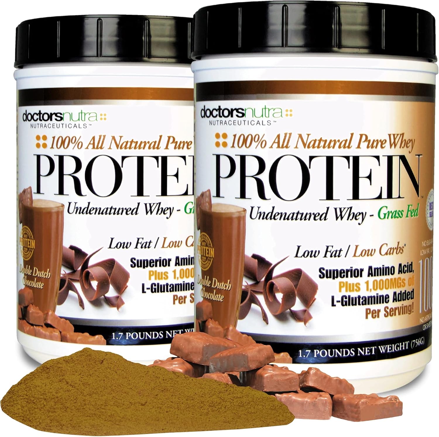 (Pack of 2) Pure 100 Percent - Undenatured Grass Fed Whey Protein, Double Dutch Chocolate Flavor, Natural Ultrafiltered Plus 1000 Milligrams L-Glutamine