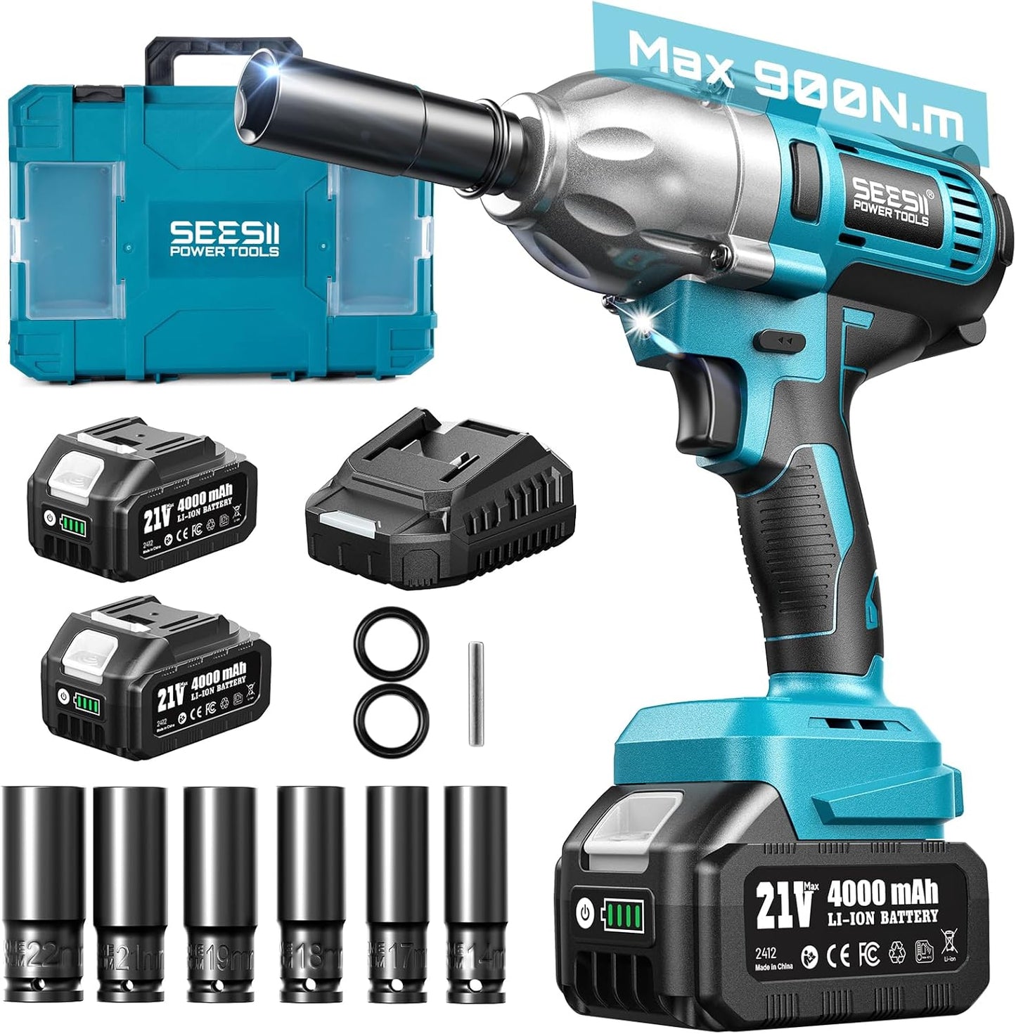 Seesii Impact Wrench 665 FT-LBS(900N.m) 3300IPM 1\/2 Impact Gun High Torque Electric Impact Driver Cordless Impact Wrench with 21V 2x4.0Ah Battery 6 Sockets&Case for Home Car Tire Lug Nut Removal Tool