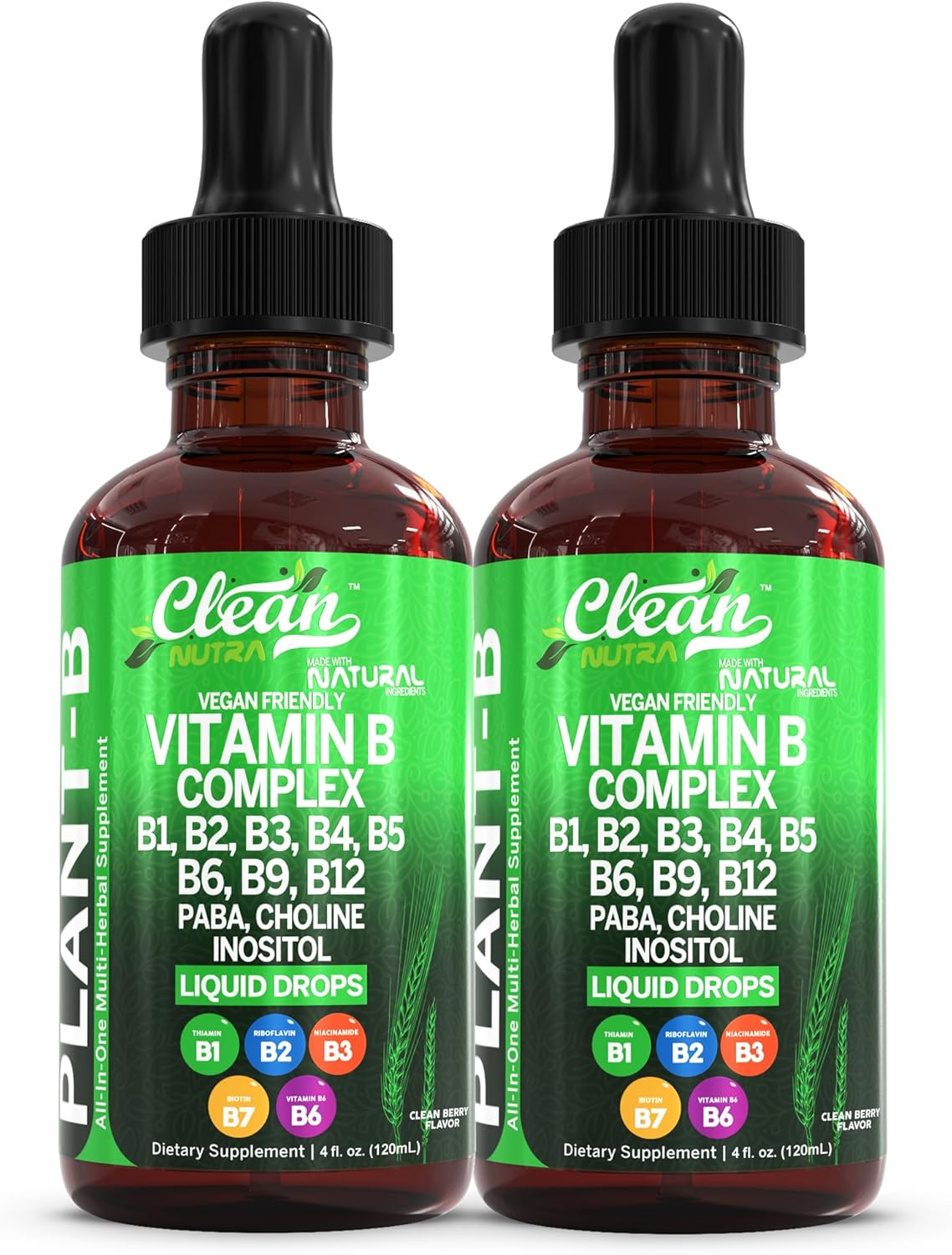Vitamin B Complex Liquid Drops | Thiamine B1, B6, B2, B3, B4, B5, B7 B9, B12, Niacinamide, Paba, Choline Inositol Taurine Probiotics Beet Root Spirulina - Plant-B Vitamin Supplements - Clean Nutra (2)