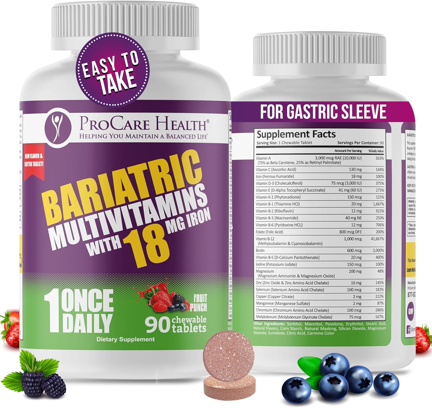 ProCare Health Bariatric Chewable Multivitamin with Iron 18mg (90 Tablets) - Fruit Punch Flavor - for Gastric Bypass & Sleeve Gastrectomy Patients* (3 Month Supply)