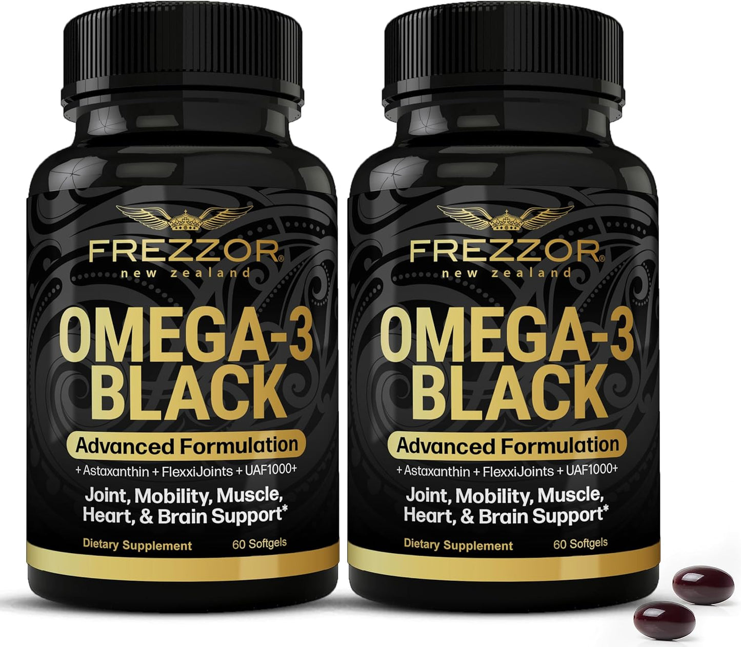 FREZZOR Omega 3 Black for Joint Care & Comfort - New Zealand Green Lipped Mussel Oil Capsules; 53x Higher Potency with UAF1000+ Super Antioxidant, No Fishy Aftertaste, 60 Count (Pack of 2)