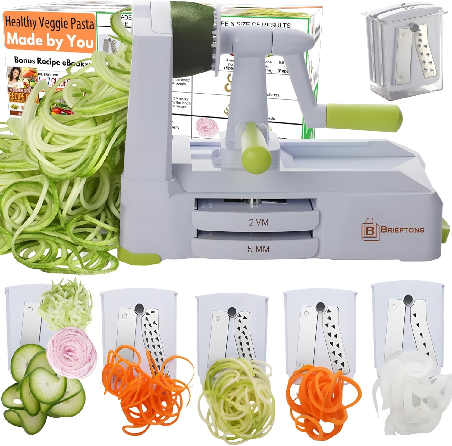 Brieftons 5-Blade Vegetable Spiralizer: Strongest-Heaviest Spiral Slicer, Best Veggie Pasta Spaghetti Maker for Low Carb\/Paleo\/Gluten-Free\/Vegan Meals, With Extra Blade Caddy, 4 Recipe Ebooks