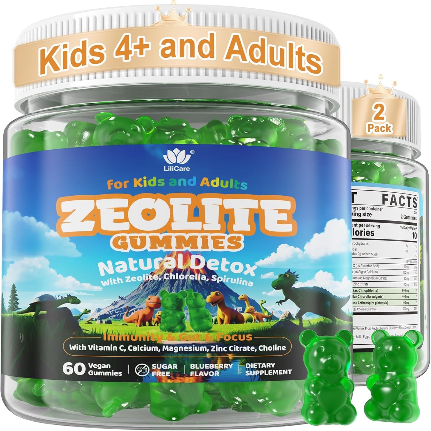 Zeolite Detox for Kids & Adults, Sugar Free Zeolite Gummies w\/Choline, Chlorella, Spirulina, Minerals - Gentle Body Detox & Cleanse to Support Brain, Language Skills, Gut, Energy, Bone, Immune,120cts