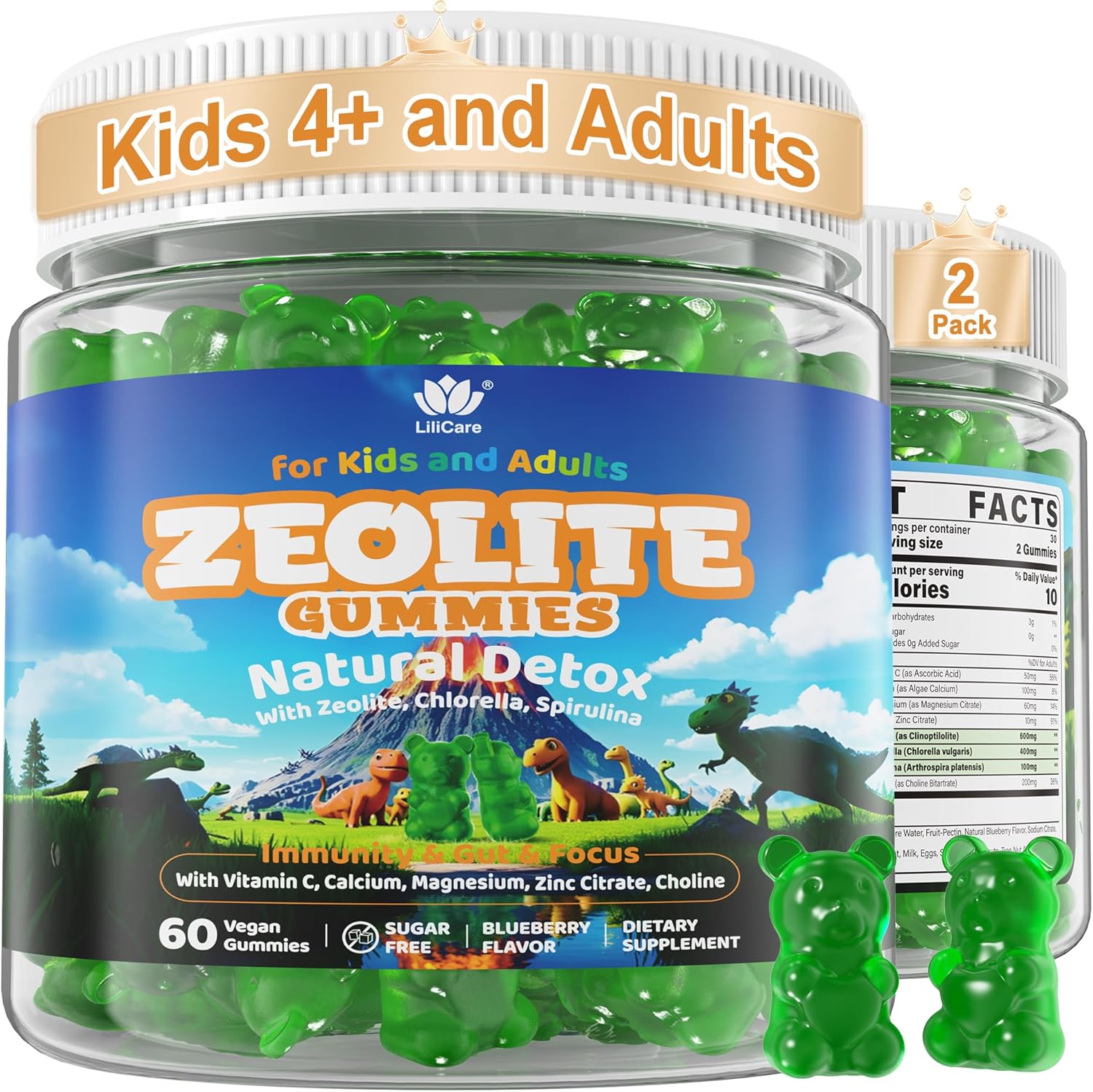 Zeolite Detox for Kids & Adults, Sugar Free Zeolite Gummies w\/Choline, Chlorella, Spirulina, Minerals - Gentle Body Detox & Cleanse to Support Brain, Language Skills, Gut, Energy, Bone, Immune,120cts
