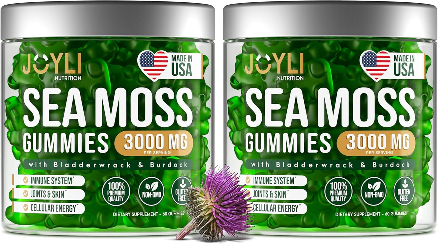 JOYLI Nutrition 2 Pack - Sea Moss Gummies for Adults & Kids \u2013 Vegan Irish Sea Moss Supplement with Bladderwrack & Burdock Root \u2013 Sugar-Free Immune Support Supplements - 60 Gummy Bears per Pack