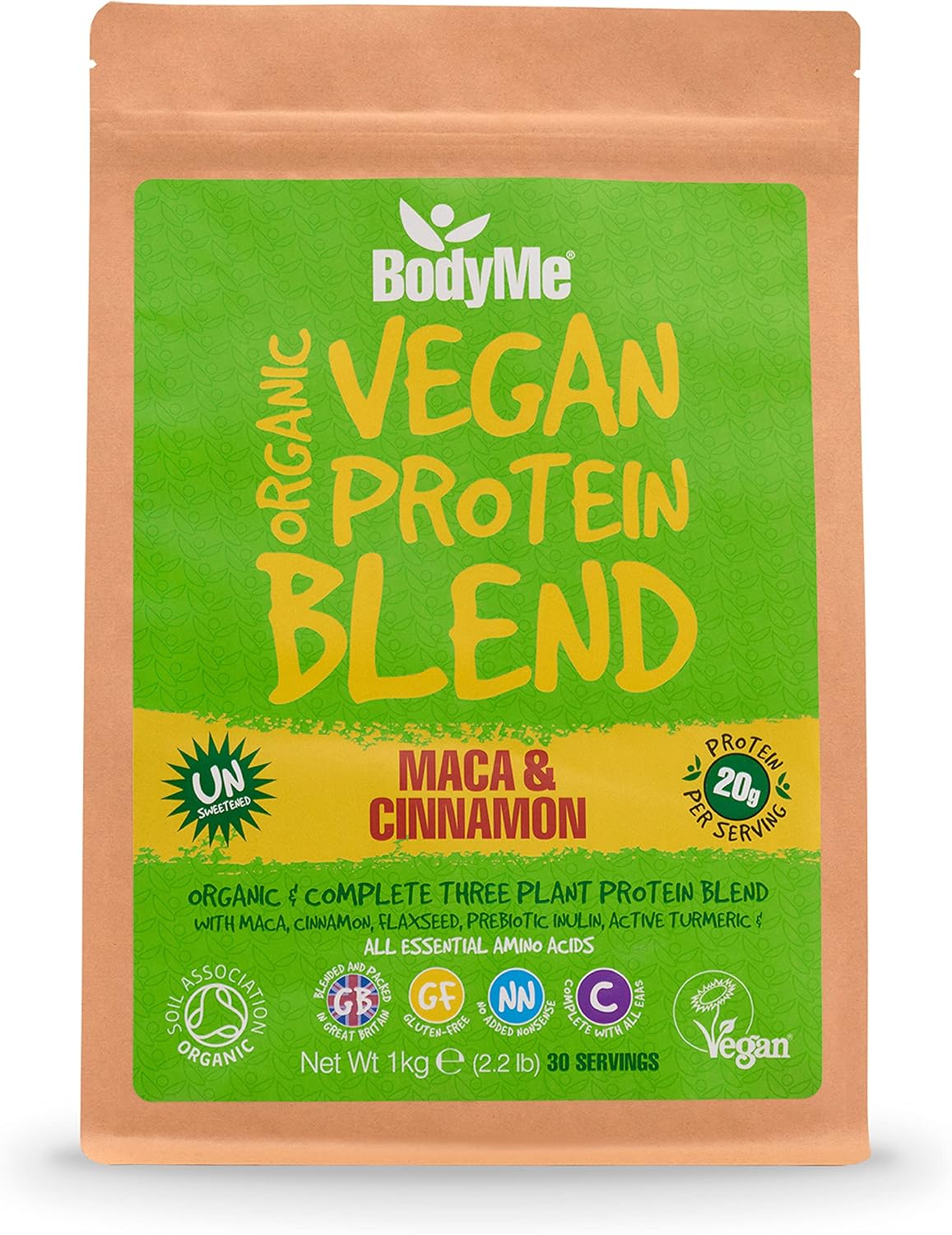 BodyMe Organic Vegan Protein Powder Blend | Raw Cinnamon | 2.2lb 1kg | UNSWEETENED with 3 Plant Proteins