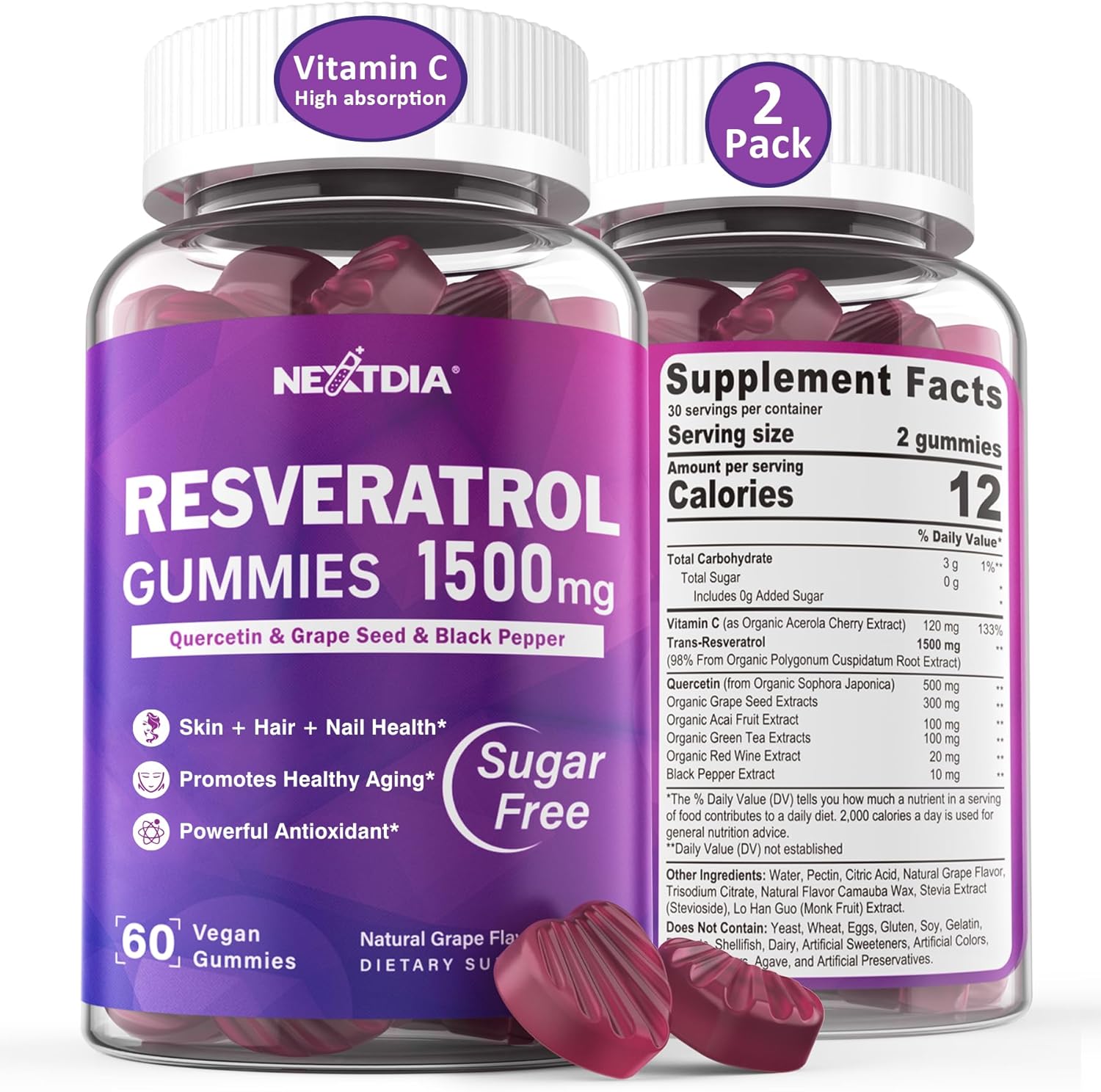 Resveratrol Gummies 1500mg - Sugar Free Resveratrol Supplement with Quercetin, Grape Seed, Acai Berries Extracts Support Antioxidant, Healthy Aging & longevity, Skin, Brain Wellness - Vegan, 2Pack