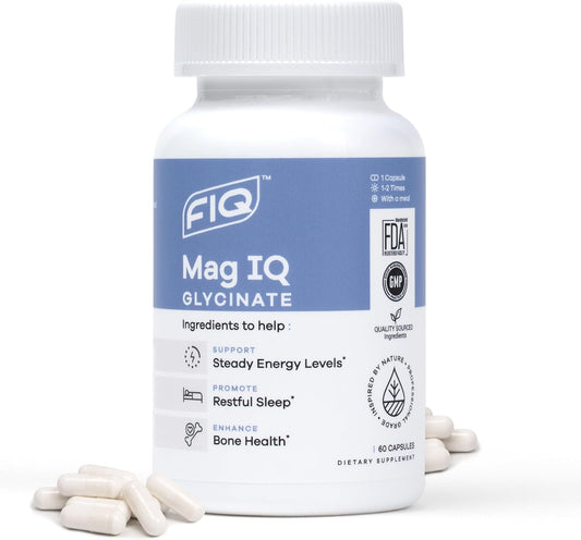 FIQ - Mag IQ Glycinate - Magnesium Bisglycinate Chelate TRAACS - High Absorption Magnesium Glycinate Supplement - Sleep, Daily Energy, & Bone Wellness - 60 Capsules