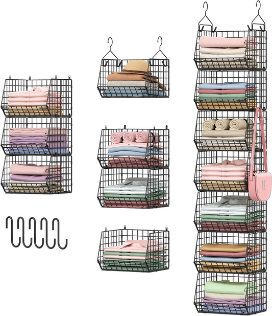 7 Tier Foldable Hanging Closet Organizer and Storage,Wire Closet Shelving with 5 S Hooks,Hanging Basket for Clothes Sweaters Shoes Handbags,Small Closet Organizers for Wardrobe Kitchen Laundry Room