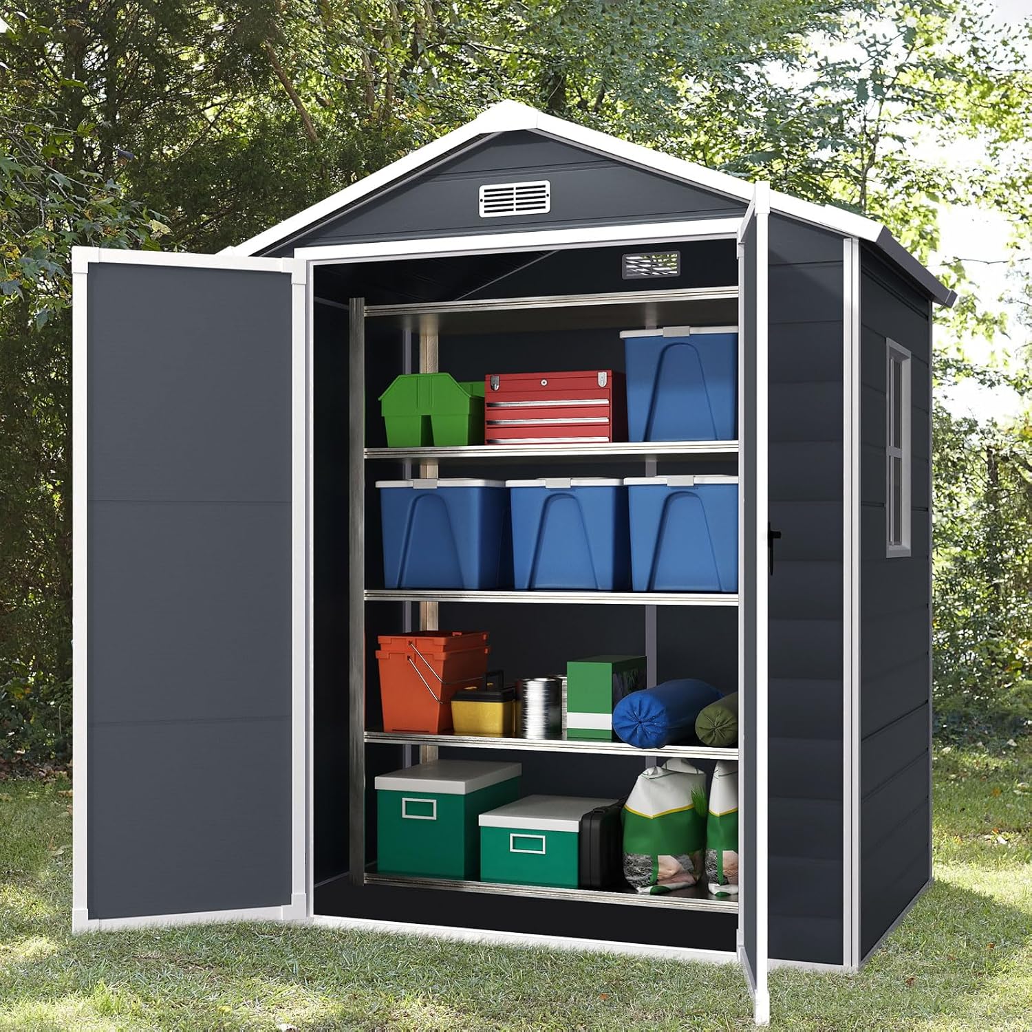 YOFE Outdoor Storage Shed 6x4.4FT, Resin Shed Plastic with Floor for Garden Tool,Waterproof Outdoor Resin Storage,Lockable Doors for Patio,Yard,Lawn (Darkgray 6x4)