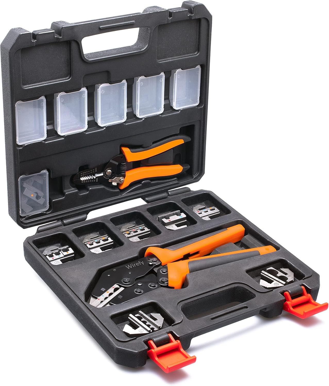 Wirefy Wire Crimping Tool Kit | Crimpers & 9 Slide in Dies | Ratcheting Wire Crimper Tool | Terminal Crimp Pliers | for Heat Shrink, Insulated, Non-Insulated, Butt, Large, Flag, Nylon, Connectors