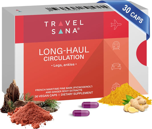 TRAVELSANA Long-Haul Circulation Relieves Leg Discomfort, Reduces Swollen Feet, Legs, Ankles from Prolonged Sitting, Travel Essentials, Pycnogenol 100mg, Ginger Extract, 30 Servings (Veg Caps)