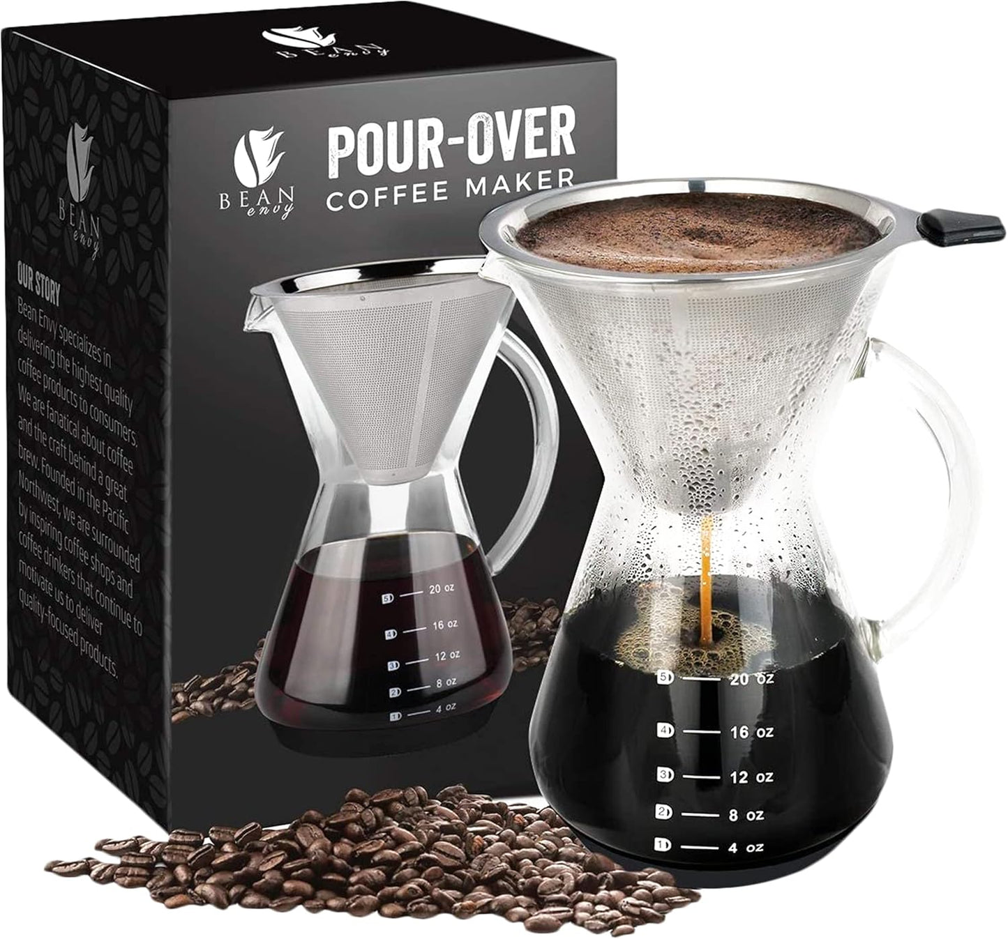 Bean Envy Pour Over Coffee Maker - 5 Cup Borosilicate Glass Carafe - Rust Resistant Stainless Steel Paperless Filter\/Dripper - Includes Custom Silicone Sleeve