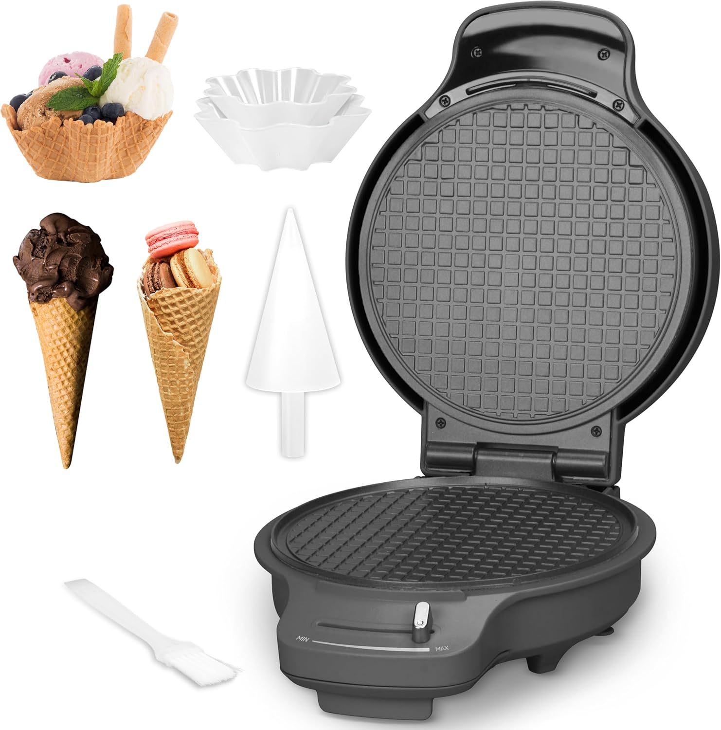 Baker's Friend Waffle Cone Maker Machine with Browning Control, Nonstick Waffle Bowl Maker, 7.5\u201D Ice Cream Cone Maker, Thin Waffle Maker Crispy, Cone Roller & Bowl Press Included, Graphite