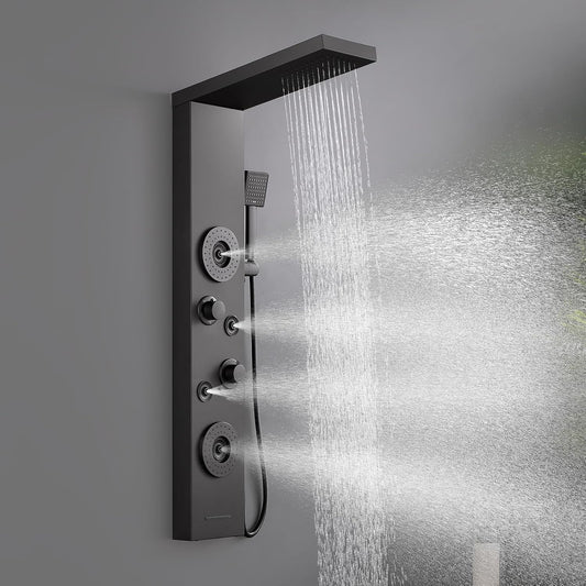 ROVATE Shower Panel Tower System with Rainfall Shower, Elegant Matte Black Shower Tower with Powerful Body Massage Jets, Handheld and Tub Spout, Stainless Steel Shower Column High Pressure
