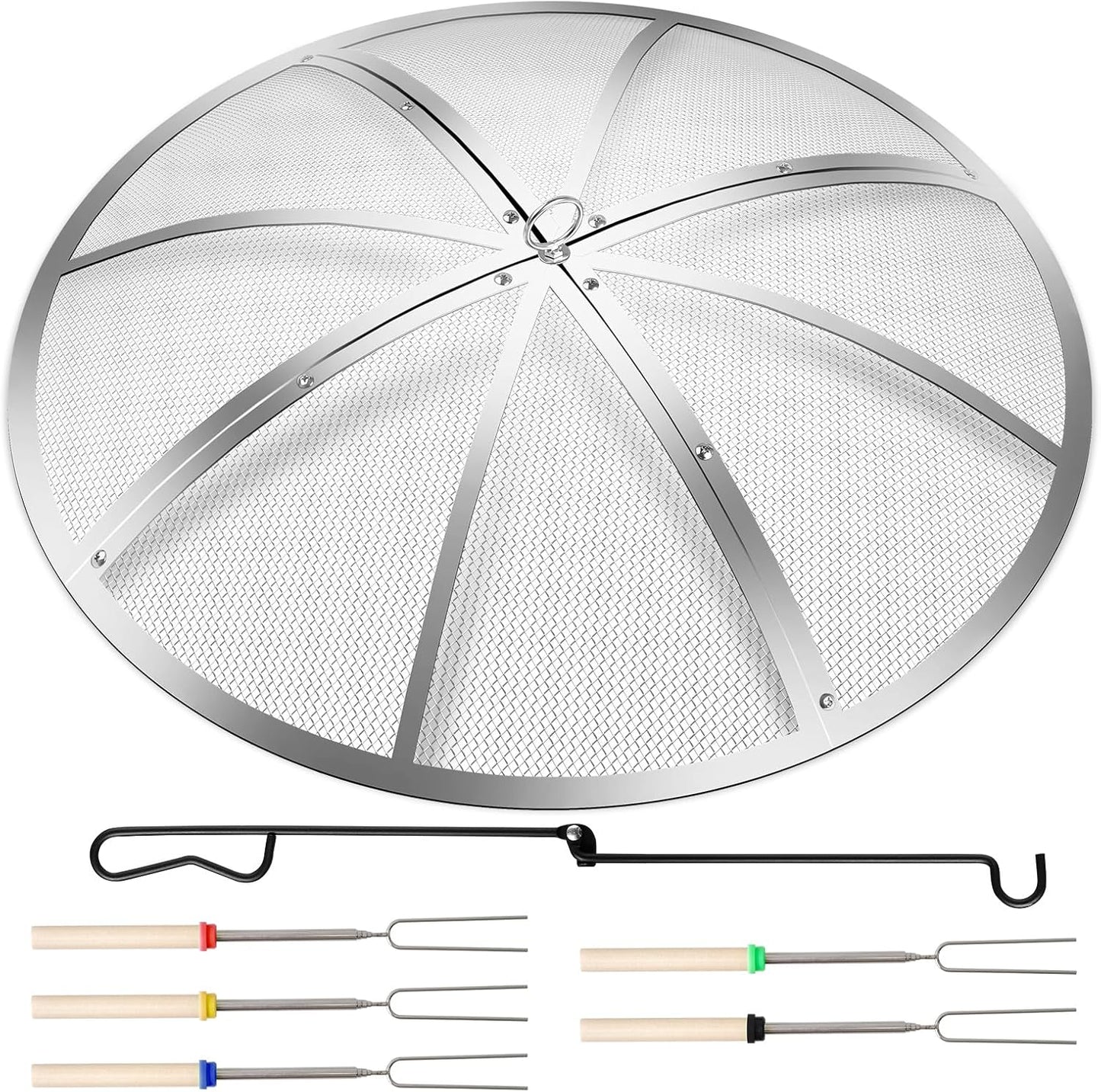 Baitedelai Fire Pit Spark Screen 40 Inch Round, Heavy Duty Stainless Steel Outdoor Fire Pit Screen Cover with Foldable Hook & Marshmallow Sticks, Mesh Spark Protector for Backyard, Camping, Beach