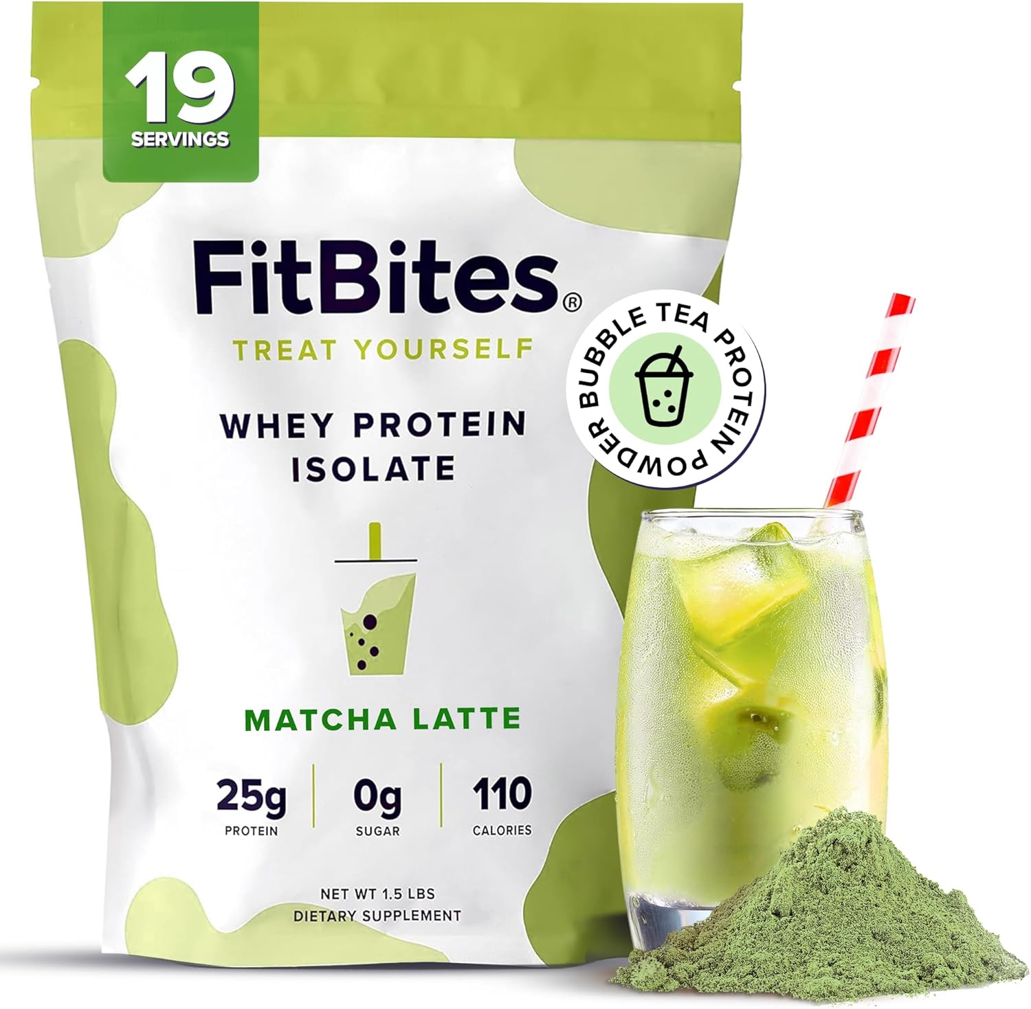 FitBites 100% Whey Isolate Protein Powder (Matcha Latte), 5.9g BCAAs, Gluten Free, Zero Sugar, Fast Absorbing, Easy Digesting