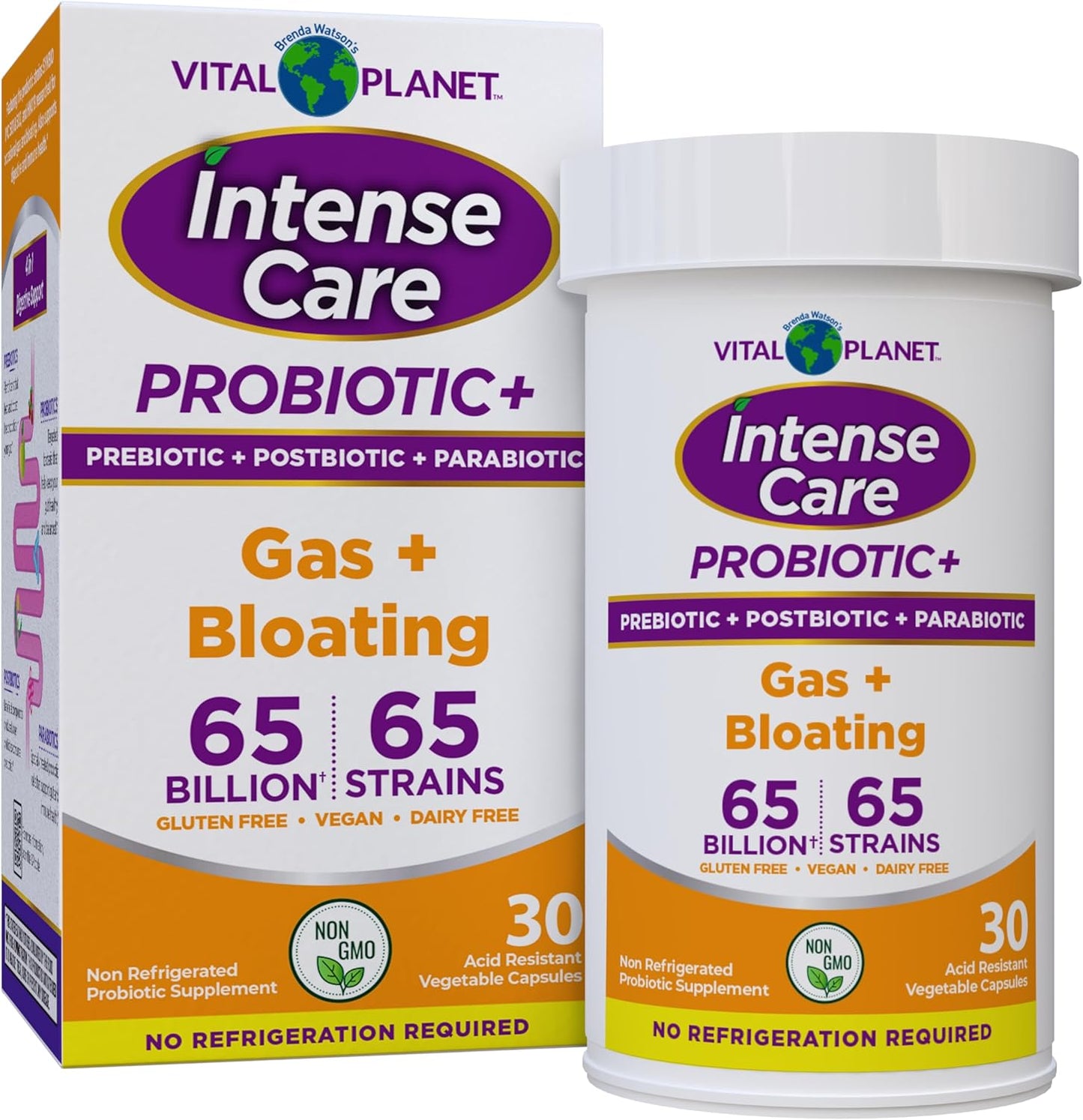 Vital Planet - Intense Care Gas & Bloating Probiotics Plus Organic Prebiotics, Postbiotics, Parabiotics, Complete 4-in-1 Supplement for Adults, 65 Billion CFU, 65 Strains, Digestive and Immune 30 ct
