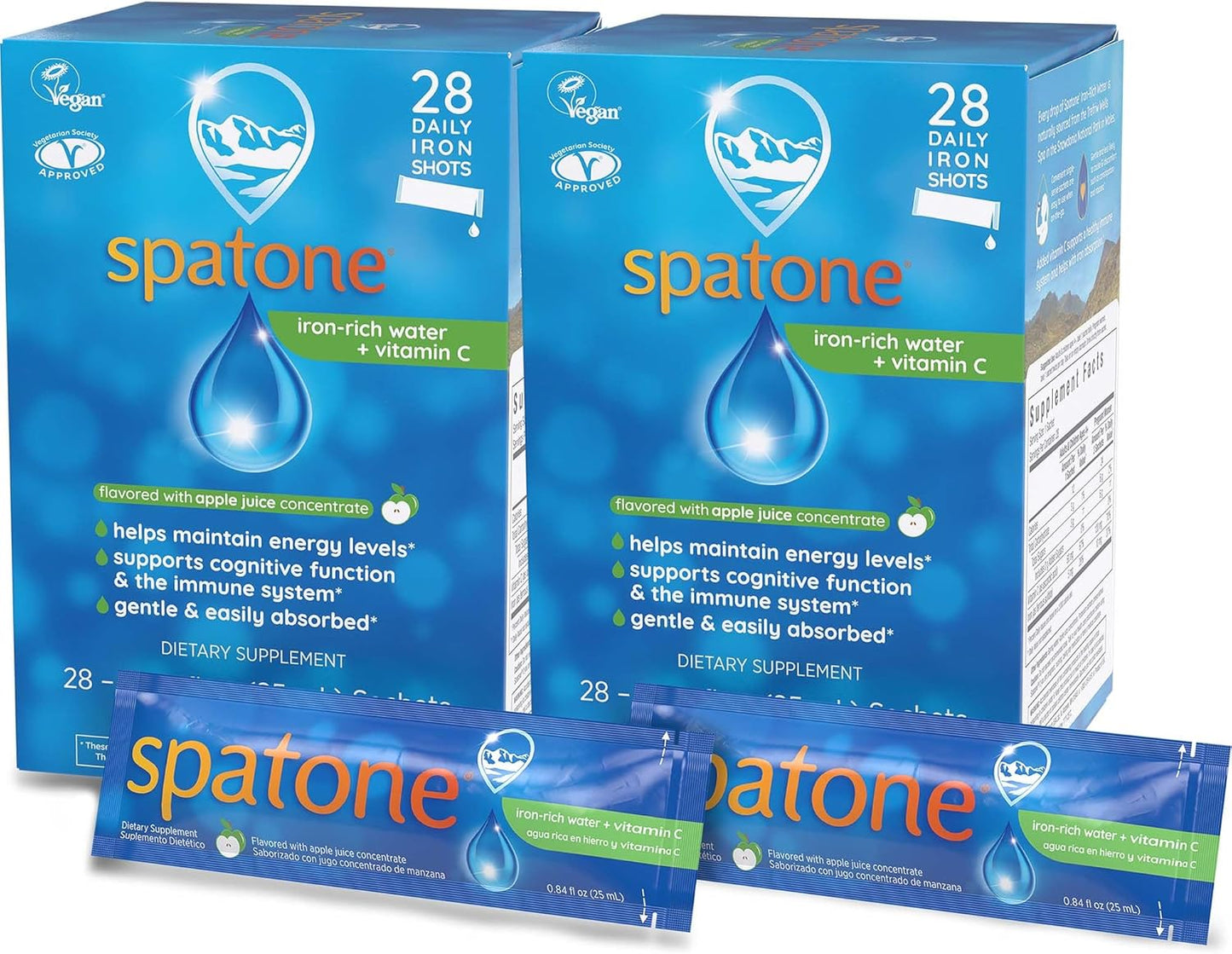 Spatone Natural Liquid Iron Supplement Plus VIT C for Women - 2 Pack - Men & Kids Ages 4+ - Ideal During Pregnancy - Easily Absorbed & Gentle - Vegan - Apple Flavor - 5mg of Iron Per 20mL Sachet