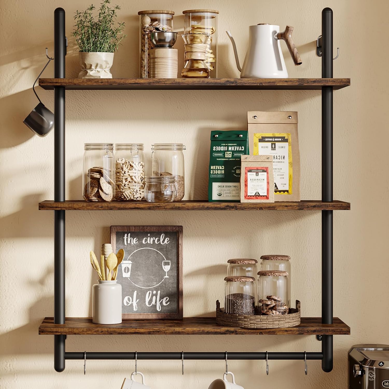 Bestier 3 Tier Industrial Pipe Shelving, Floating Book Shelves for Wall, Storage Hanging Shelves with Towel Bar for Bathroom Organizer Bedroom Kitchen Plants Office. 31.5 Inch Rustic Brown