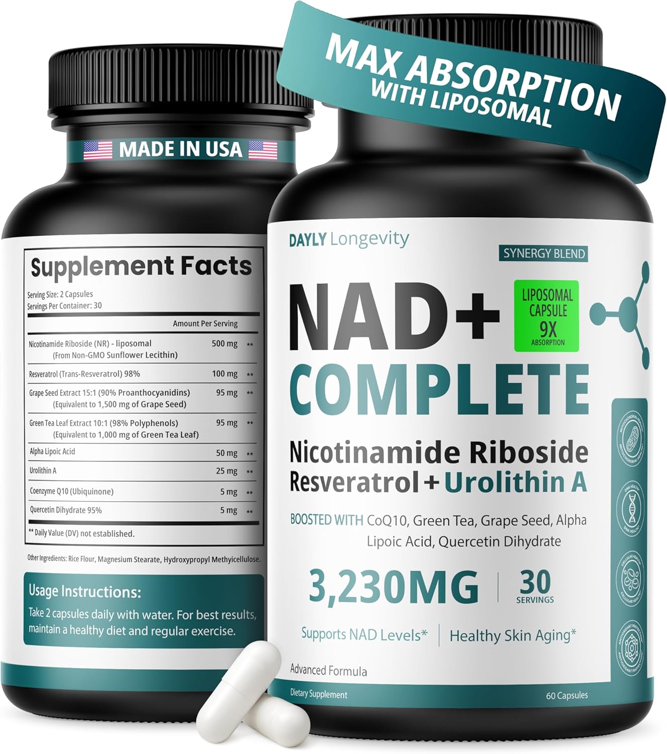 Nicotinamide Riboside, Liposomal NAD+ Supplement, NAD Plus Resveratrol Supplement for Women & Men, NR with Urolithin A & Green Tea, NMN Alternative, Energy, Resveratrol NAD+ | NAD Complete - 30 Days