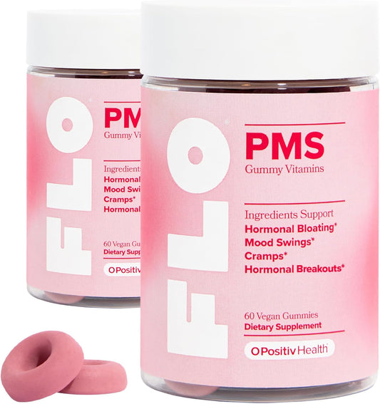 O Positiv FLO PMS Gummies for Women - Proactive PMS Relief - Targets Hormonal Breakouts, Bloating, Cramps, & Mood Swings with Chasteberry, Vitamin B6, & Lemon Balm - PMS Gummies (Pack of 2)