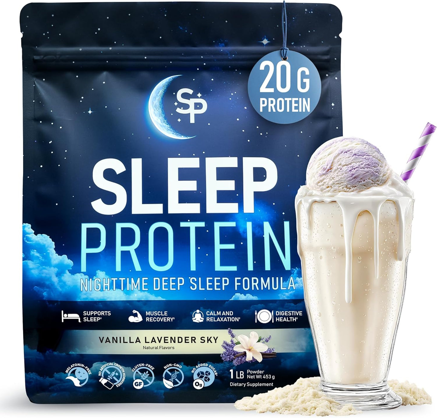 Sleep Protein™ The First High Protein Magnesium Sleep Aid Drink Mix, Melatonin-Free, Natural, Non-Habit Forming Sleep Ingredients + GLP-1 Night Support, Vanilla Lavender, 1lb