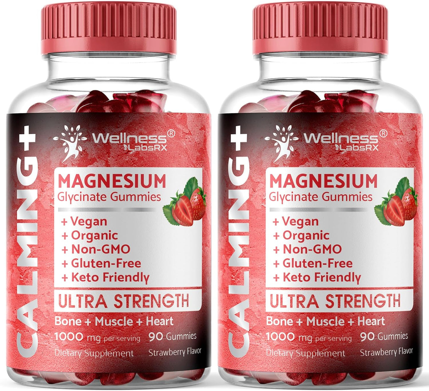 Magnesium Glycinate Gummies, 1000 mg - Magnesium Supplement to Support Relaxation, Heart Health - Chewable Calm Magnesio Gummies for Adults, Glicinato De Magnesio - Strawberry Flavor - Pack of 2