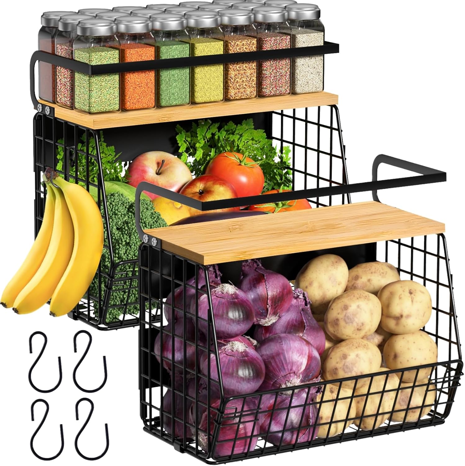 2 Set Magnetic Shelf for Refrigerator with Wood Lid, Fruit Potato & Onion Storage Bins, Pantry Organizers & Storage, Large Container Magnetic Spice Rack for Refrigerator, Kitchen Counter, Cabinet