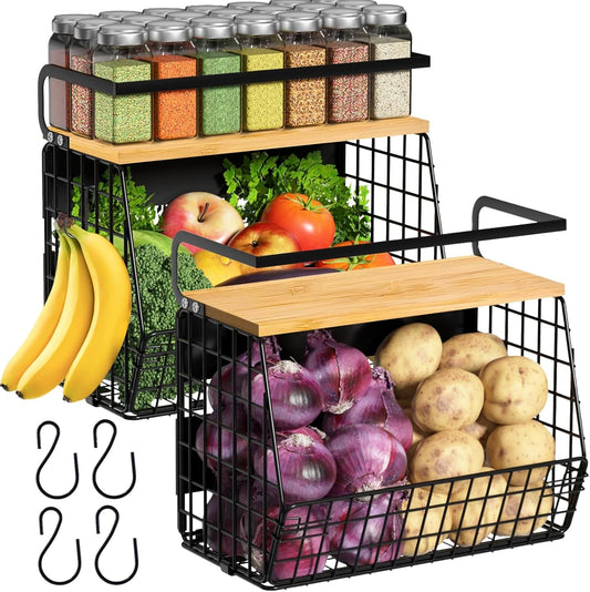 2 Set Magnetic Shelf for Refrigerator with Wood Lid, Fruit Potato & Onion Storage Bins, Pantry Organizers & Storage, Large Container Magnetic Spice Rack for Refrigerator, Kitchen Counter, Cabinet