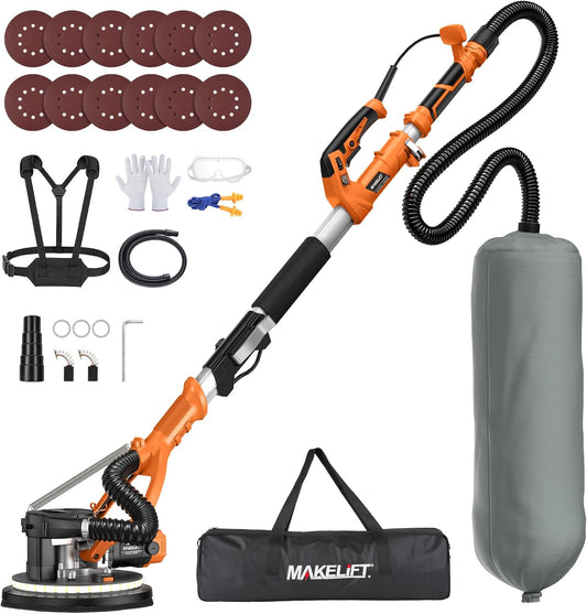 MAKELIFT Drywall Sander with Vacuum Dust Collector,1050W 7.33A Popcorn Ceiling Removal Tool,LED Light,5 Variable Speed 1000-2100RPM,Foldable & Extendable Handle,12 Sanding Discs
