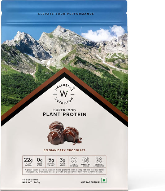 WELLBEING NUTRITION Organic Vegan Plant Protein Isolate Powder | 22g Protein, 5g BCAA | Prebiotics & 3B CFU Probiotics | No Bloating | Easy to Digest | Belgian Dark Chocolate - 500gm