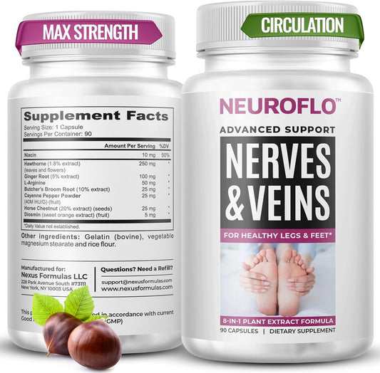 Mizzle Leg Circulation Supplement - Supports Nerves, Veins with 1470mg, 8 in 1 Capsule of Chestnut, Diosmin, Hawthorn for Maximum Relief in Toes, Feet, Ankles, Calves, Legs - Neuroflo