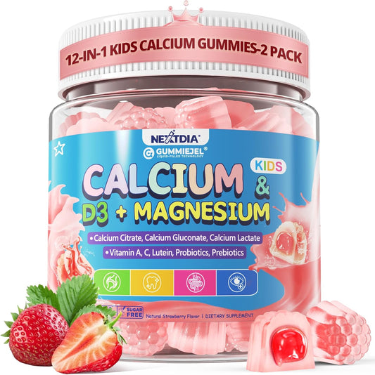 Kids Calcium Gummies + D3 & Magnesium for 4+, with Calcium Citrate Calcium Gluconate, Calcium Lactate,Probiotics & Prebiotics for Children Bone Health,Muscle Support,Digestive Health,Sugar Free 120Cts