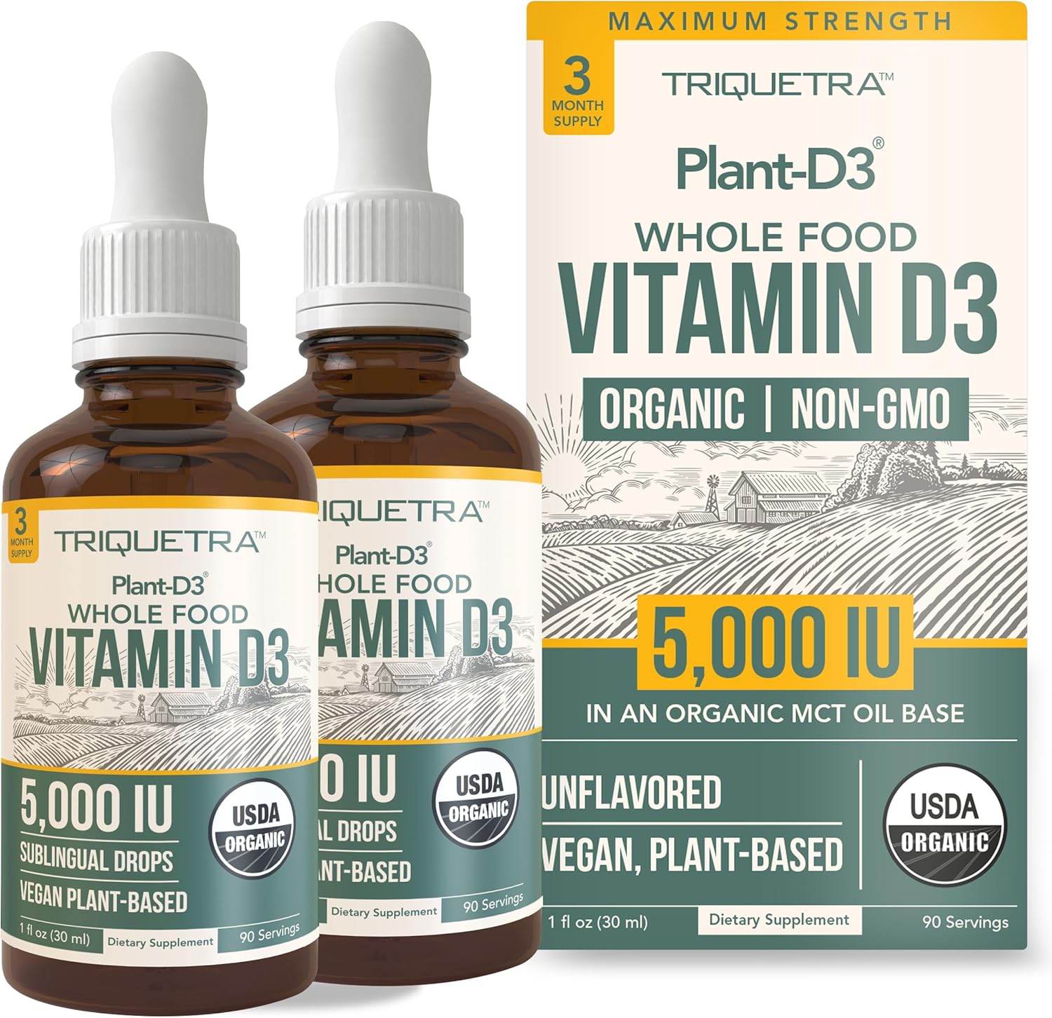 Plant-D3 Organic Vitamin D3 5000 IU - Vegan, Max Strength Sublingual Liquid D3 Drops - 200% Higher Absorption - 100% Plant-Based Cholecalciferol Form - Adjustable Dosing for All Ages (1oz - 2 Pack)