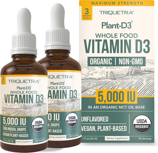 Plant-D3 Organic Vitamin D3 5000 IU - Vegan, Max Strength Sublingual Liquid D3 Drops - 200% Higher Absorption - 100% Plant-Based Cholecalciferol Form - Adjustable Dosing for All Ages (1oz - 2 Pack)