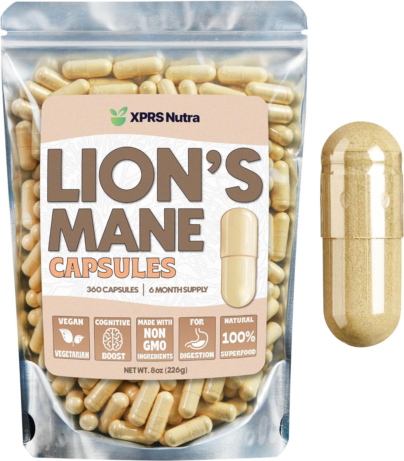 XPRS Nutra Organic Lions Mane Supplement Capsules - 360 Count (180 Day Supply) of Premium Lion's Mane Mushroom Capsules for Mental Clarity, Cognition and Immunity Lions Mane Powder Capsules