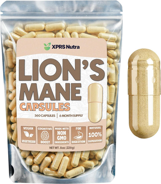 XPRS Nutra Organic Lions Mane Supplement Capsules - 360 Count (180 Day Supply) of Premium Lion's Mane Mushroom Capsules for Mental Clarity, Cognition and Immunity Lions Mane Powder Capsules