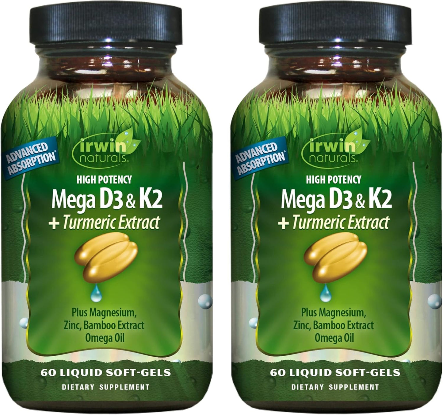 Irwin Naturals High Potency Mega D3 & K2 + Turmeric Extract for Healthy Bones, Immune Function & Positive Mood - Advanced Absorption with Magnesium, Turmeric, Bamboo & Omega Oil - 60 Liquid Softgels