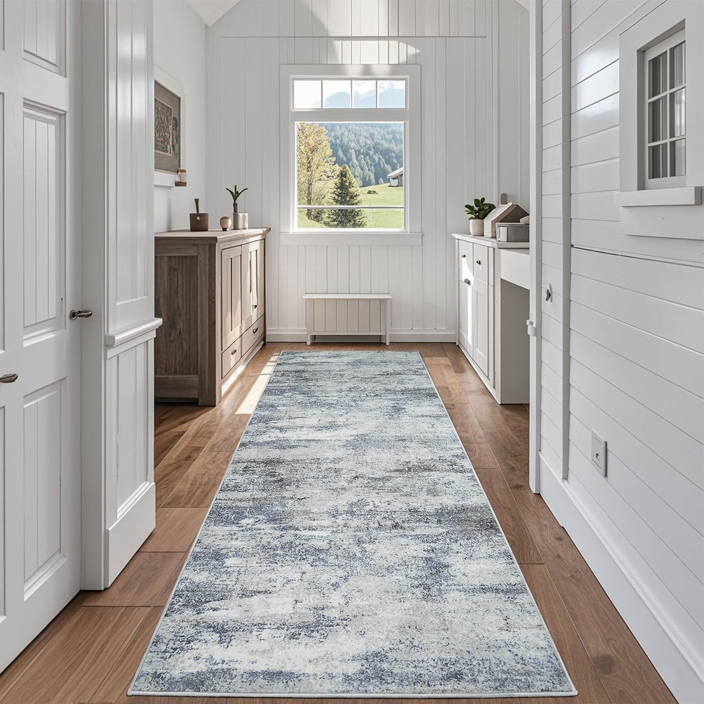 Runner Rug for Hallways Kitchen 2'6"x8' Washable Non Slip: Carpet Non Skid 8ft Entryway Rubber Backed 8 Feet Neutral Abstract Modern Rug Low Pile Pet Friendly Indoor Blue Grey