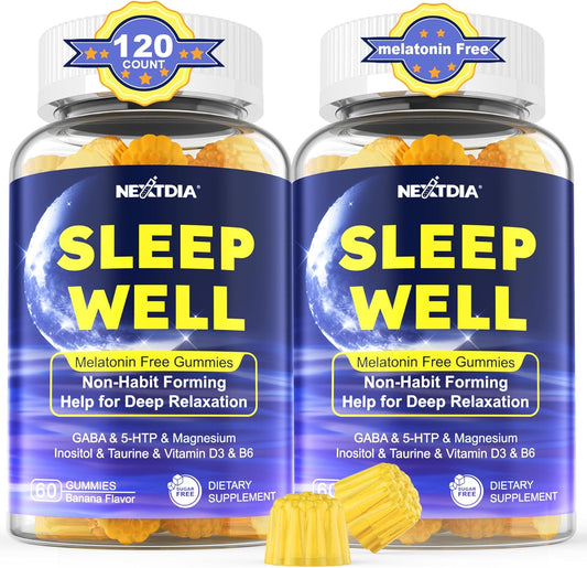 Melatonin Free Sleep Gummies with Magnesium Glycinate, GABA, 5-HTP, L-Theanine, Valerian, Chamomile, Lemon Balm, Vitamin D3 & B6 - Hormone & Drug- Free, Non-Habit Forming,2 Pack