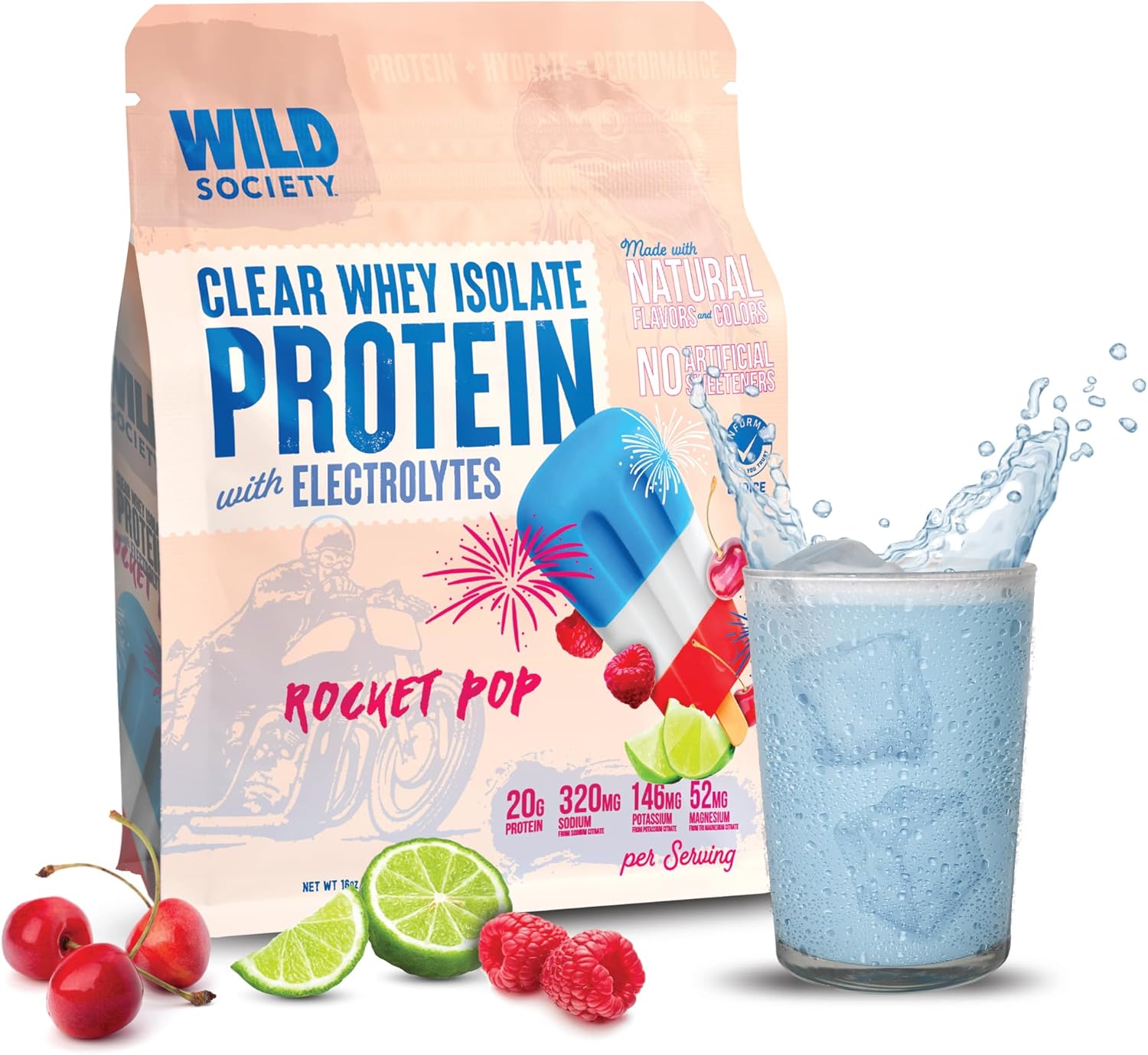 WILD SOCIETY - Premium Clear Protein Powder + Electrolytes - Refreshing Clear Whey Protein Isolate Drink - 20g Protein, 0 Added Sugar, GMO-Free, Natural Flavors & Colors - Rocket Pop, 16 oz
