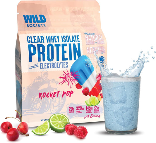 WILD SOCIETY - Premium Clear Protein Powder + Electrolytes - Refreshing Clear Whey Protein Isolate Drink - 20g Protein, 0 Added Sugar, GMO-Free, Natural Flavors & Colors - Rocket Pop, 16 oz