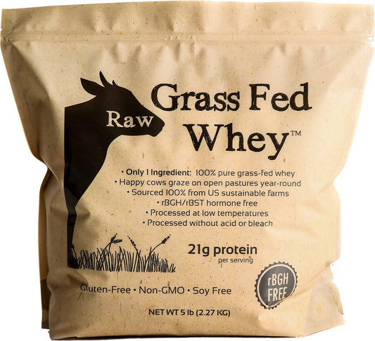 Raw Grass Fed Whey Protein Powder \u2013 Unflavored, Only 1 Ingredient: 100% Pure Grass-Fed Whey from Happy, Healthy Cows \u2013 Undenatured, Non-GMO, Hormone-Free, Gluten-Free, Made in USA, 5LB