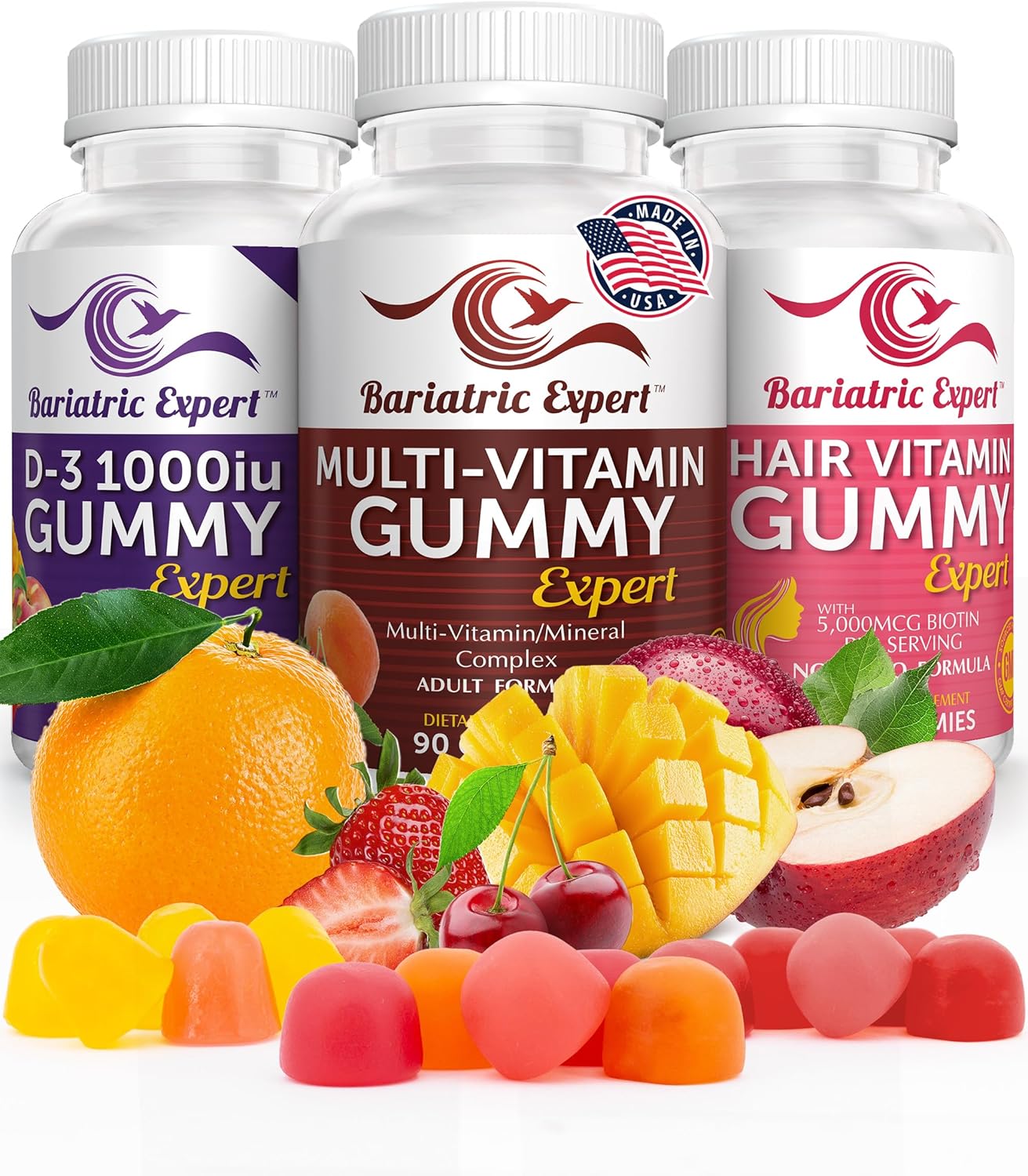 Bariatric Multivitamin 3 Pack, Multivitamin Gummy 90 Chews. - D3 Gummy 90 Chews.- Hair Vitamin Gummy 60 Chews.